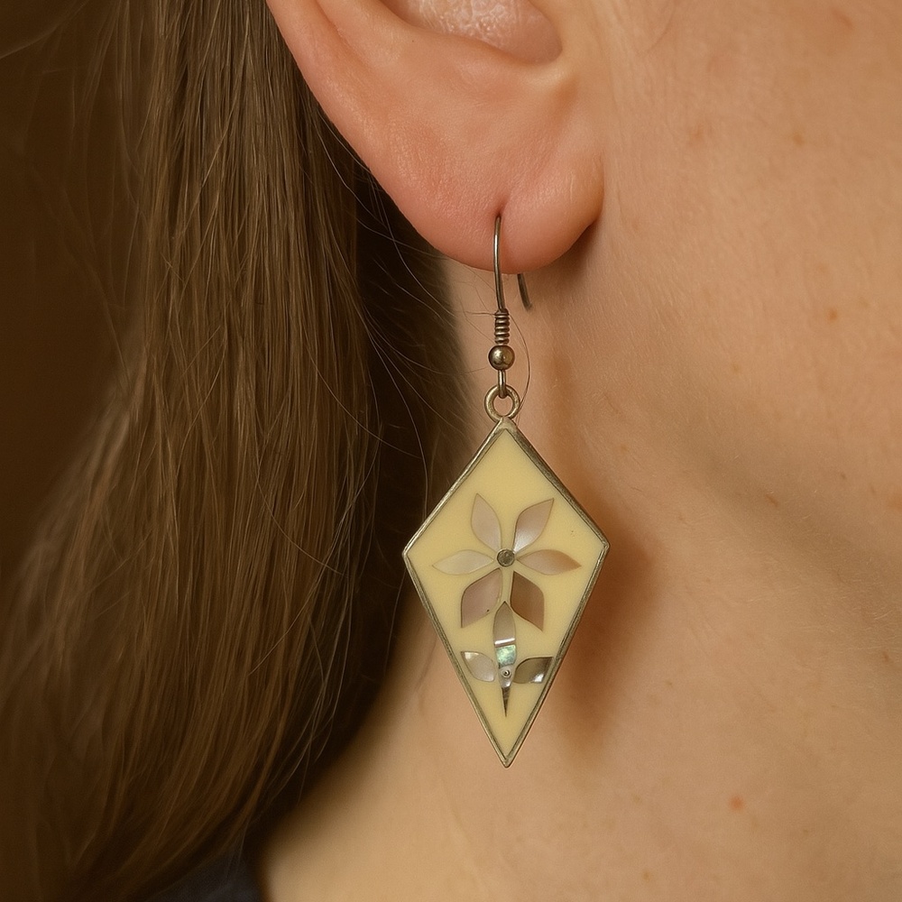 Alpaca Dangle Earrings Vintage Mother Of Pearl inlay pierced 1.75”